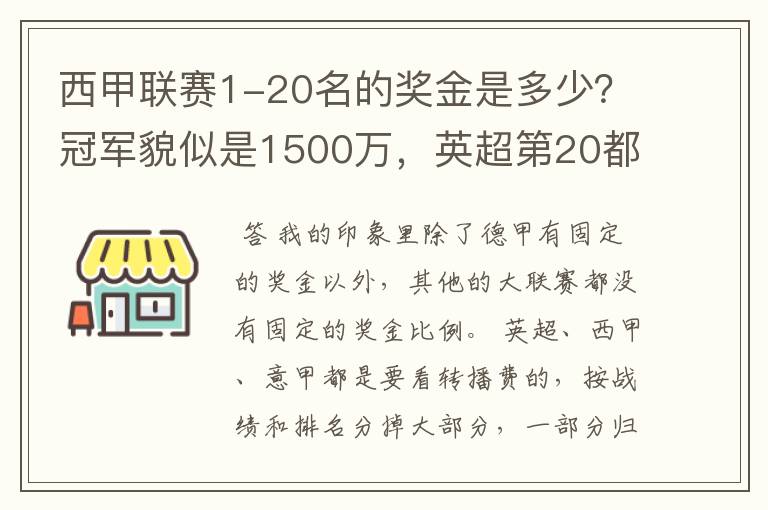 西甲联赛1-20名的奖金是多少？冠军貌似是1500万，英超第20都是4000万呀！