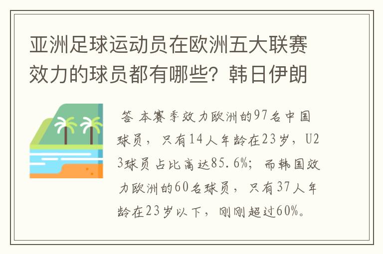 亚洲足球运动员在欧洲五大联赛效力的球员都有哪些？韩日伊朗 都是比较多吧！