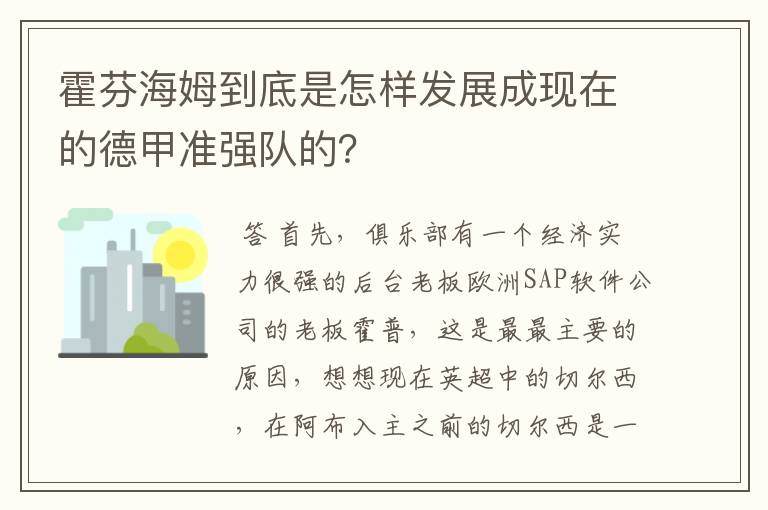 霍芬海姆到底是怎样发展成现在的德甲准强队的？