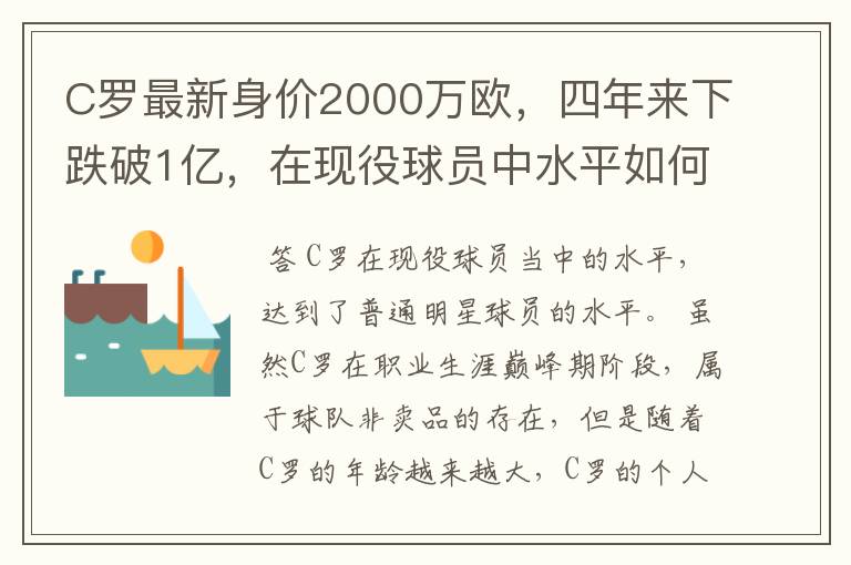 C罗最新身价2000万欧，四年来下跌破1亿，在现役球员中水平如何？