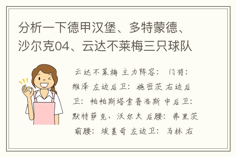 分析一下德甲汉堡、多特蒙德、沙尔克04、云达不莱梅三只球队的人员打法和阵型