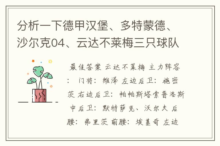 分析一下德甲汉堡、多特蒙德、沙尔克04、云达不莱梅三只球队的人员打法和阵型