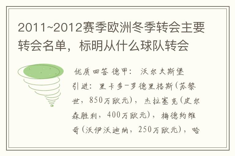 2011~2012赛季欧洲冬季转会主要转会名单，标明从什么球队转会到什么球队，多谢~