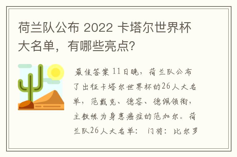 荷兰队公布 2022 卡塔尔世界杯大名单，有哪些亮点？