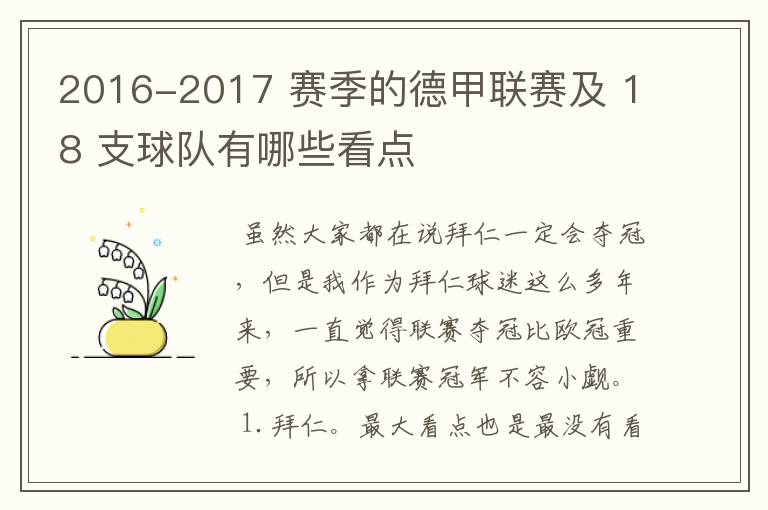 2016-2017 赛季的德甲联赛及 18 支球队有哪些看点