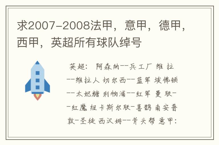 求2007-2008法甲，意甲，德甲，西甲，英超所有球队绰号