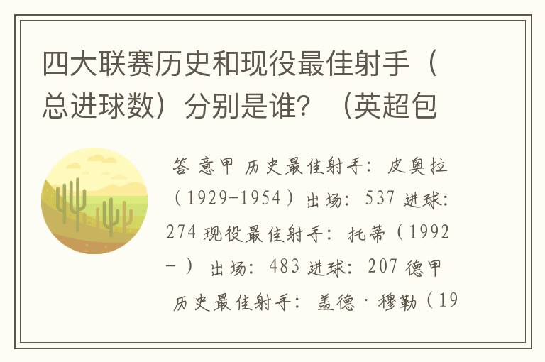 四大联赛历史和现役最佳射手（总进球数）分别是谁？（英超包括英甲）