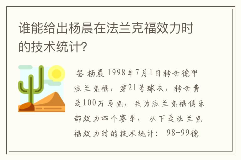 谁能给出杨晨在法兰克福效力时的技术统计？