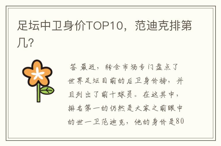 足坛中卫身价TOP10，范迪克排第几？