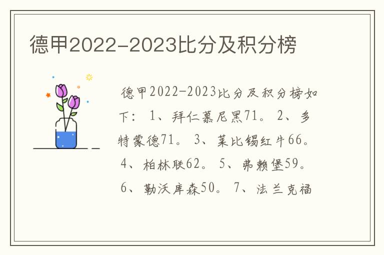 德甲2022-2023比分及积分榜