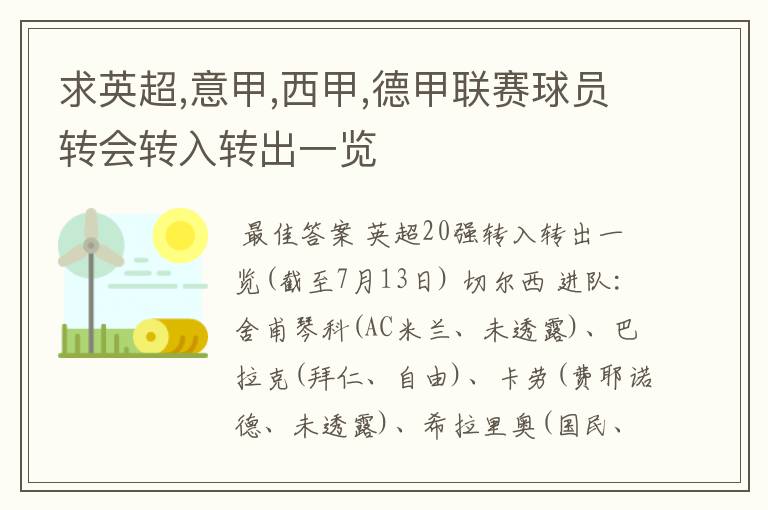 求英超,意甲,西甲,德甲联赛球员转会转入转出一览