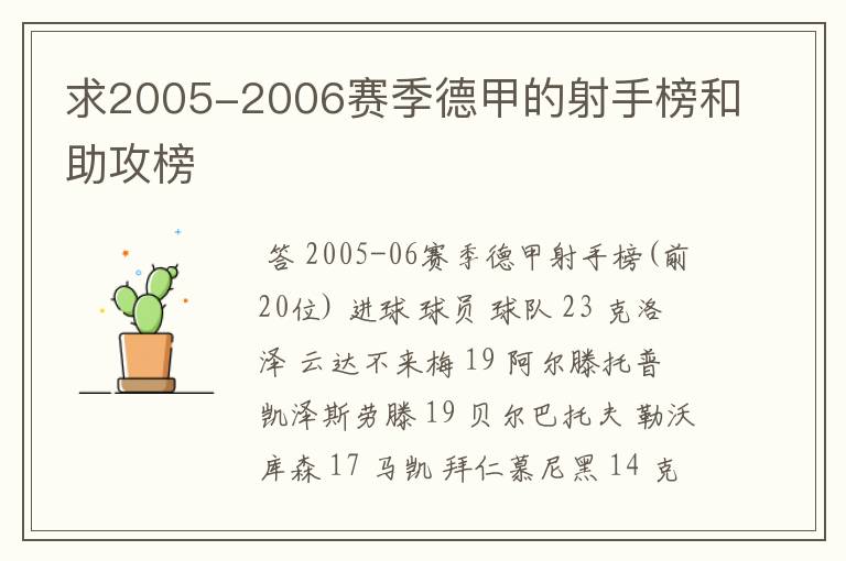 求2005-2006赛季德甲的射手榜和助攻榜