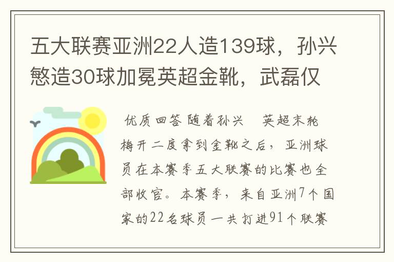 五大联赛亚洲22人造139球，孙兴慜造30球加冕英超金靴，武磊仅1球