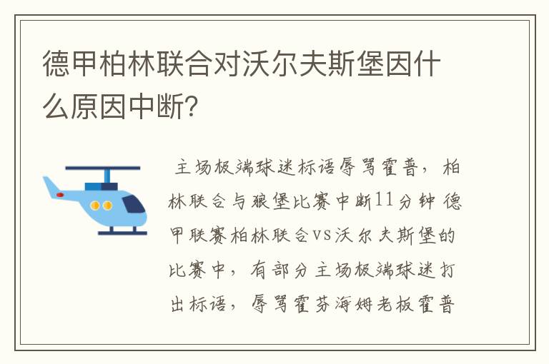 德甲柏林联合对沃尔夫斯堡因什么原因中断？