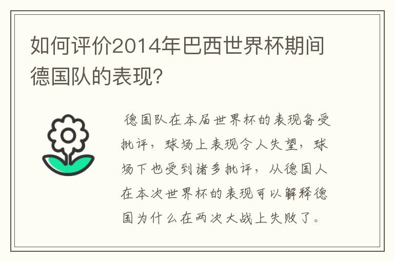 如何评价2014年巴西世界杯期间德国队的表现？