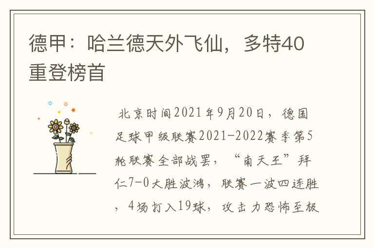 德甲：哈兰德天外飞仙，多特40重登榜首