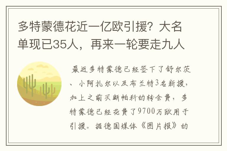 多特蒙德花近一亿欧引援？大名单现已35人，再来一轮要走九人