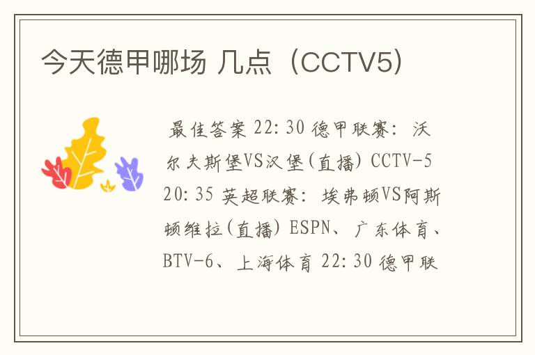 今天德甲哪场 几点（CCTV5)