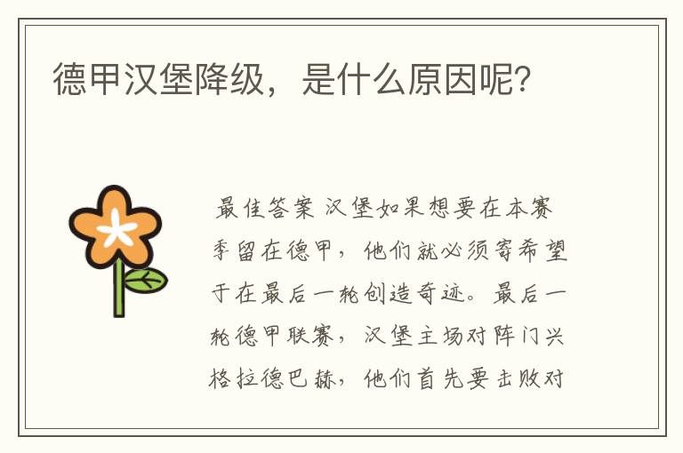 德甲汉堡降级，是什么原因呢？