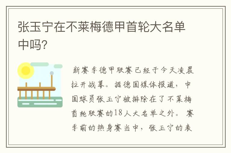 张玉宁德甲首秀.张玉宁在不莱梅德甲首轮大名单中吗？