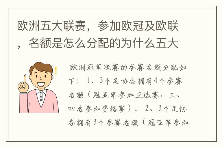 欧洲五大联赛，参加欧冠及欧联，名额是怎么分配的为什么五大联赛只有法甲