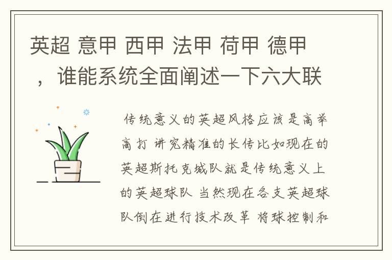 英超 意甲 西甲 法甲 荷甲 德甲 ，谁能系统全面阐述一下六大联赛风格的优缺点 ，