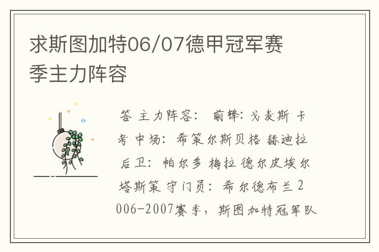 求斯图加特06/07德甲冠军赛季主力阵容