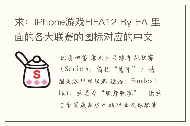 求：IPhone游戏FIFA12 By EA 里面的各大联赛的图标对应的中文名称 例如：Liga BBVA 西甲