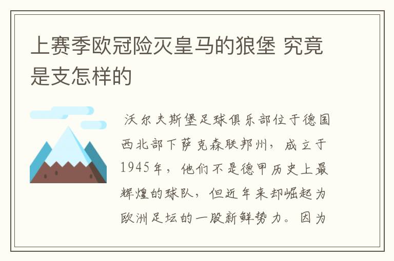 上赛季欧冠险灭皇马的狼堡 究竟是支怎样的