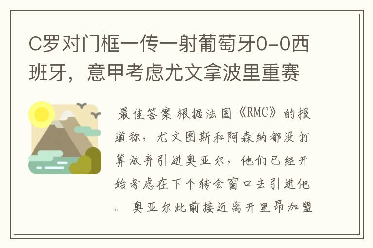 C罗对门框一传一射葡萄牙0-0西班牙，意甲考虑尤文拿波里重赛