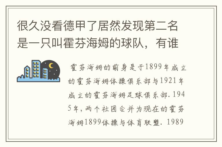 很久没看德甲了居然发现第二名是一只叫霍芬海姆的球队，有谁知道吗