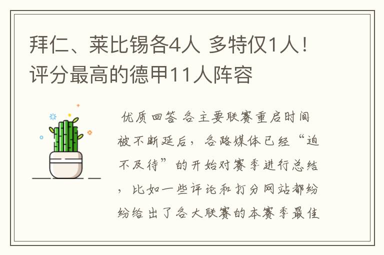 拜仁、莱比锡各4人 多特仅1人！评分最高的德甲11人阵容