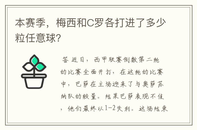 本赛季，梅西和C罗各打进了多少粒任意球？