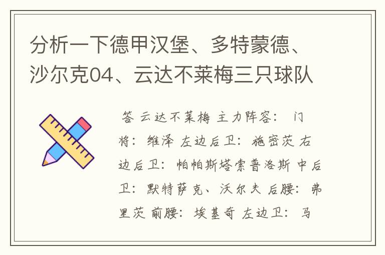 分析一下德甲汉堡、多特蒙德、沙尔克04、云达不莱梅三只球队的人员打法和阵型