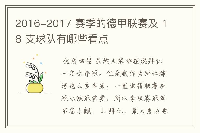 2016-2017 赛季的德甲联赛及 18 支球队有哪些看点