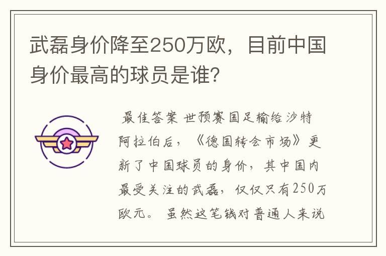 武磊身价降至250万欧，目前中国身价最高的球员是谁？