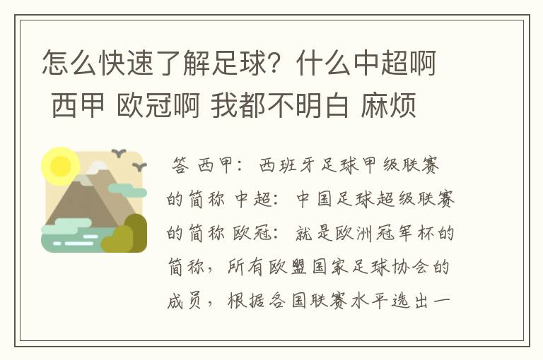 怎么快速了解足球？什么中超啊 西甲 欧冠啊 我都不明白 麻烦 有哪位特别了解足球的 跟我讲讲，多谢