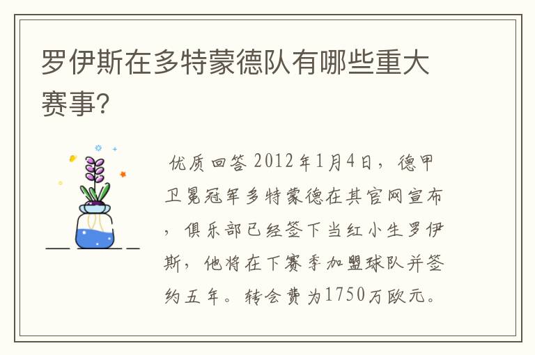 罗伊斯在多特蒙德队有哪些重大赛事？