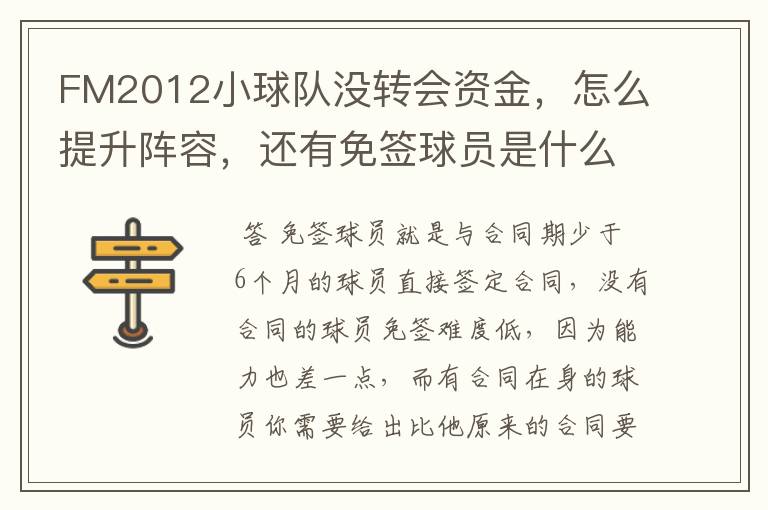 FM2012小球队没转会资金，怎么提升阵容，还有免签球员是什么意思？顺便推荐下好的外援，我是中甲球队。