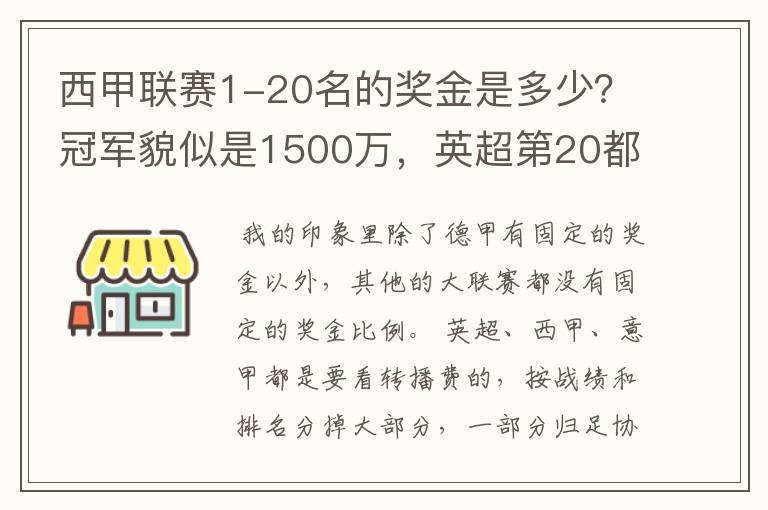 西甲联赛1-20名的奖金是多少？冠军貌似是1500万，英超第20都是4000万呀！