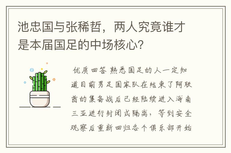 池忠国与张稀哲，两人究竟谁才是本届国足的中场核心？