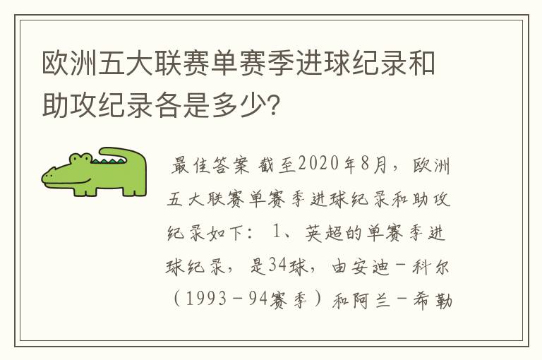 欧洲五大联赛单赛季进球纪录和助攻纪录各是多少？