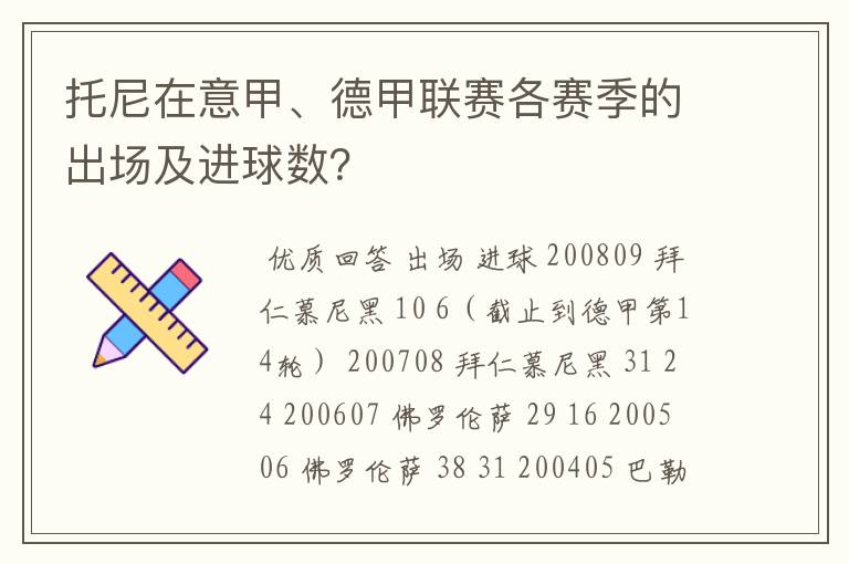 托尼在意甲、德甲联赛各赛季的出场及进球数？