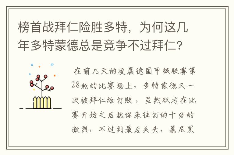 榜首战拜仁险胜多特，为何这几年多特蒙德总是竞争不过拜仁?