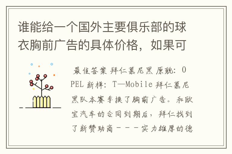 谁能给一个国外主要俱乐部的球衣胸前广告的具体价格，如果可以，把中超的也带上，让咱比较一下，成不