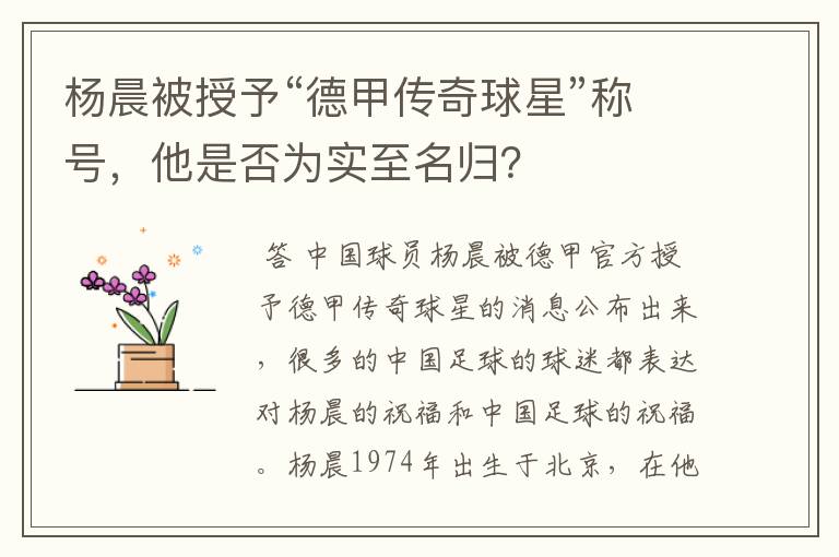 杨晨被授予“德甲传奇球星”称号，他是否为实至名归？