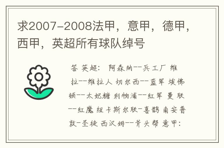 求2007-2008法甲，意甲，德甲，西甲，英超所有球队绰号