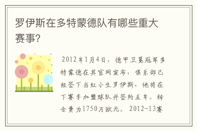 罗伊斯在多特蒙德队有哪些重大赛事？