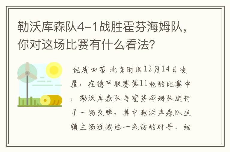 勒沃库森队4-1战胜霍芬海姆队，你对这场比赛有什么看法？