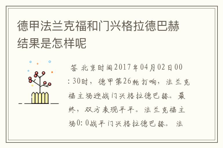 德甲法兰克福和门兴格拉德巴赫结果是怎样呢